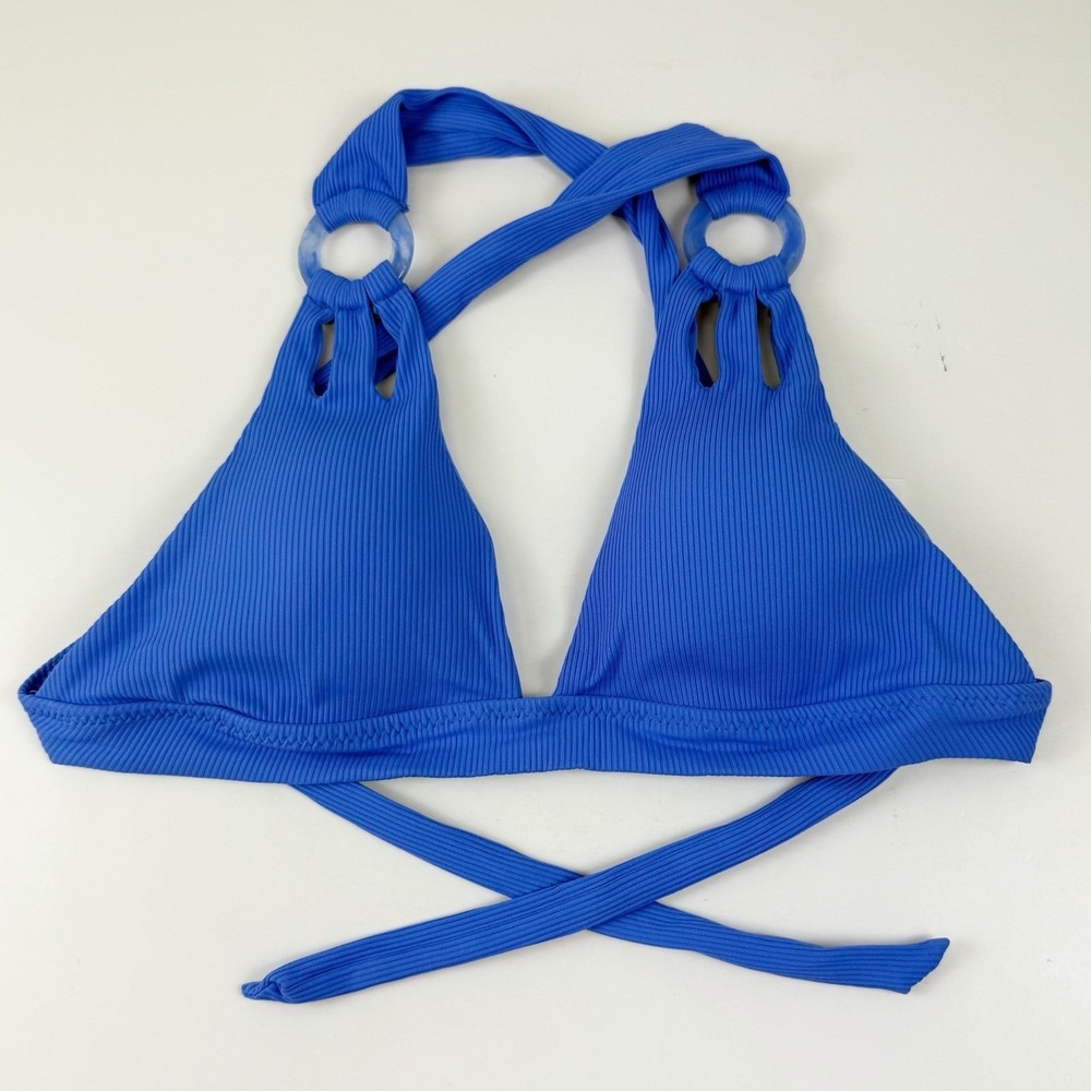 Becca Bikini Top Womens Large Blue Triangle Modern Edge Halter Ribbed NWT NEW